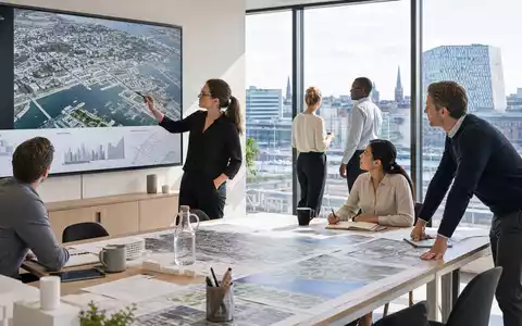 Sweco AB (ISIN SE0000164626) zeigt fotorealistisch Ingenieure und Architekten bei moderner Stadtplanung im Büro - Foto: THN