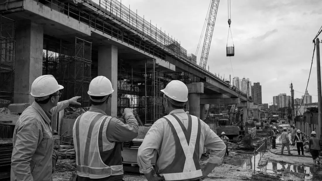 Schwarzweiß-Reportagefoto von Ingenieuren auf einer städtischen Infrastruktur-Baustelle