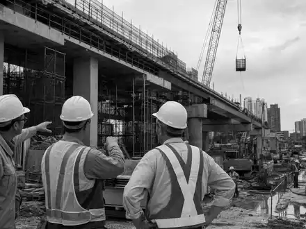 Sweco AB (ISIN SE0000164626) dokumentiert schwarzweiß Bauingenieure bei der Arbeit auf einer städtischen Infrastruktur-Großbaustelle - Foto: THN