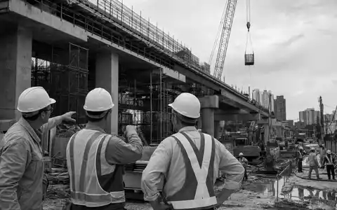 Sweco AB (ISIN SE0000164626) dokumentiert schwarzweiß Bauingenieure bei der Arbeit auf einer städtischen Infrastruktur-Großbaustelle - Foto: THN