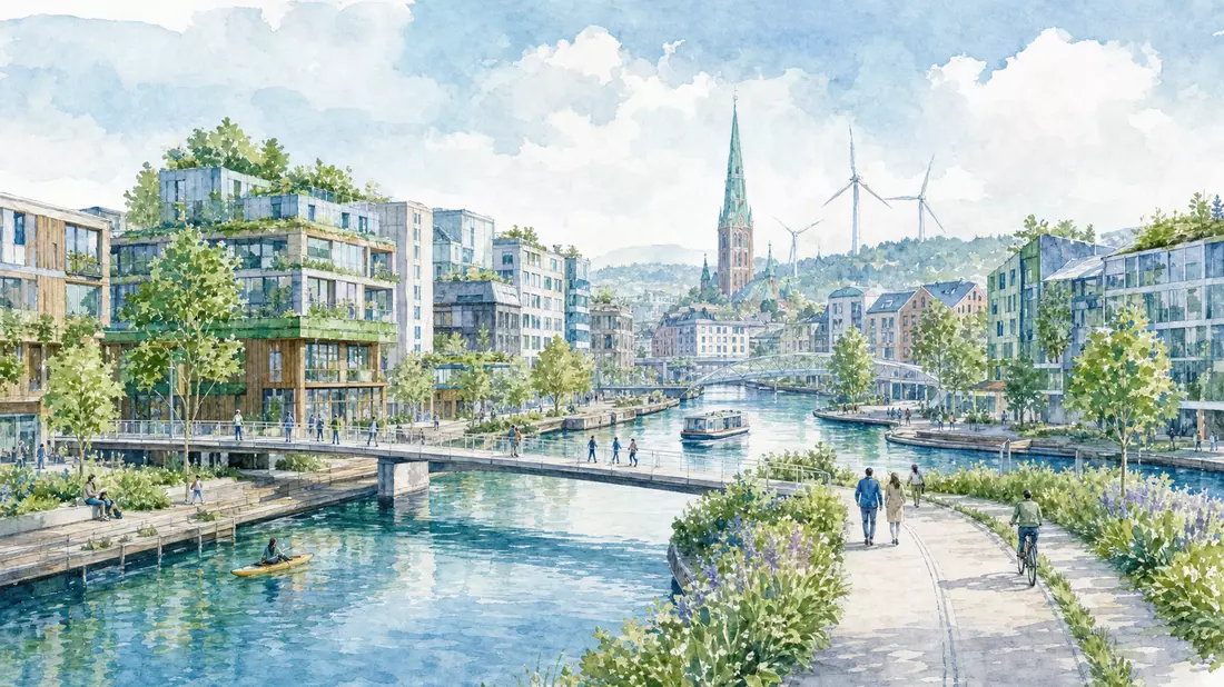 Aquarellmalerei einer nachhaltigen nordischen Stadtlandschaft am Wasser