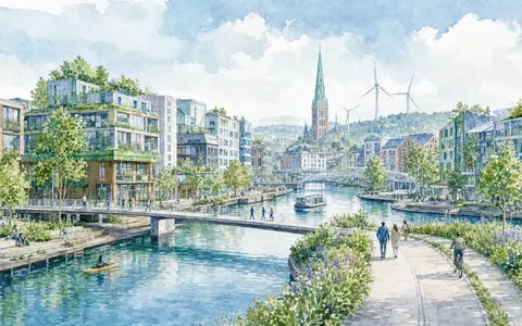 Sweco AB (ISIN SE0000164626) illustriert aquarellhaft eine nachhaltige nordische Stadtlandschaft mit Wassernähe - Foto: THN