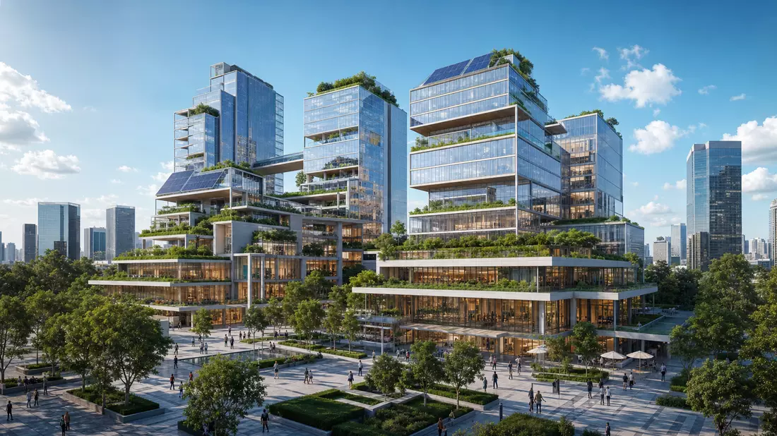 Architektonischer 3D-Render eines modernen energieeffizienten Gebäude-Ensembles