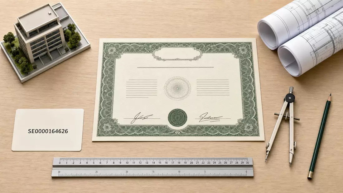 Flatlay mit Aktienzertifikat, ISIN-Karte und Architekturwerkzeugen auf Tisch