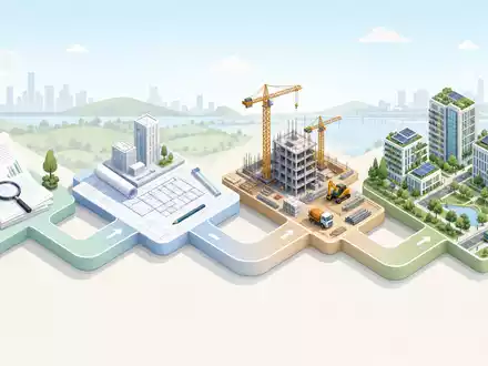 Sweco AB (ISIN SE0000164626) visualisiert isometrisch den Ablauf von Planung, Bau und nachhaltiger Stadtentwicklung - Foto: THN