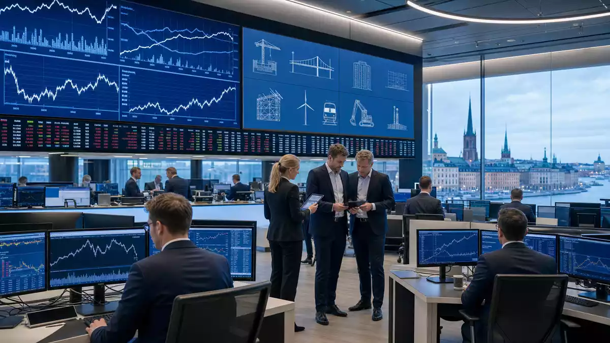 Editorial-Szene eines Börsen-Trading-Floors mit Infrastruktur- und Baubranchen-Charts