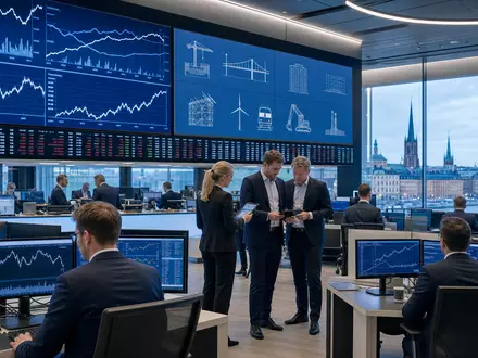Sweco AB (ISIN SE0000164626) erscheint editorial auf dem Trading-Floor der Börse Stockholm mit Infrastruktur-Charts - Foto: THN