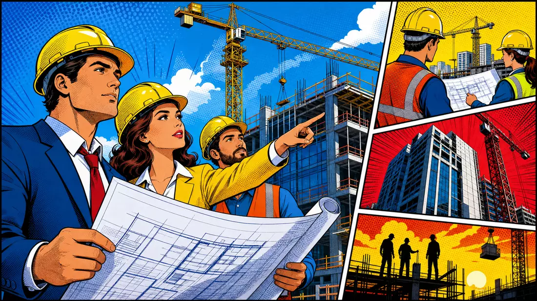 Pop-Art-Comic-Illustration von Ingenieuren mit Bauplänen auf einer Baustelle