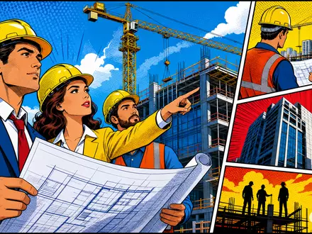 Sweco AB (ISIN SE0000164626) wird als farbiger Pop-Art-Comic mit Ingenieuren auf einer Baustelle inszeniert - Foto: THN