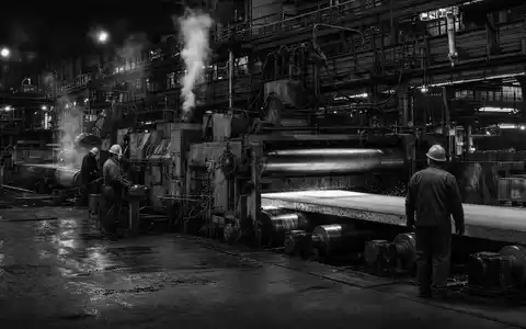 Schwarzweiße Reportage-Aufnahme dokumentiert SSAB AB, ISIN SE0000108656, mit Arbeitern an schwerer industrieller Stahlwalzanlage - Foto: THN