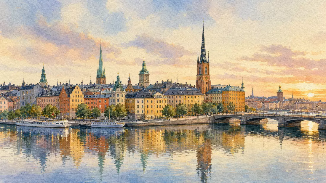 Aquarellmalerei der Stockholmer Skyline mit Wasser und Altstadt