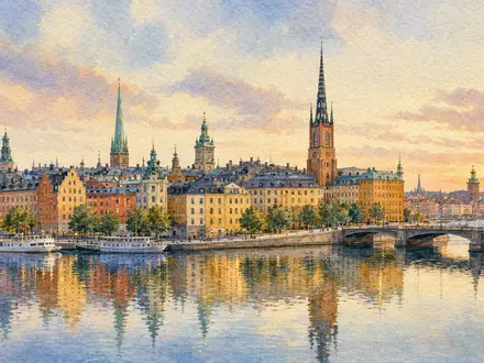Aquarellbild stellt SSAB AB, ISIN SE0000108656, mit stimmungsvoller Ansicht der Stadt Stockholm dar - Foto: THN