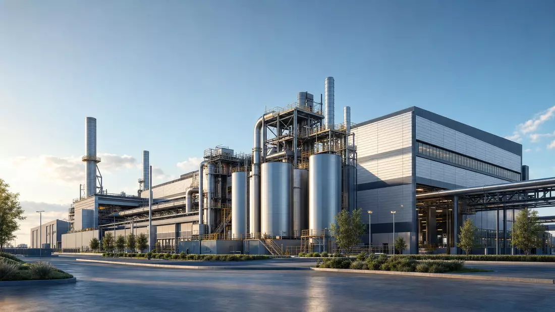 3D-Architekturvisualisierung einer modernen Stahlproduktionsanlage