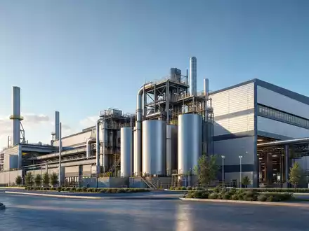 Architektur-Render zeigt SSAB AB, ISIN SE0000108656, moderne Stahlwerksanlage mit sauberer futuristischer Industriearchitektur bei Tageslicht - Foto: THN