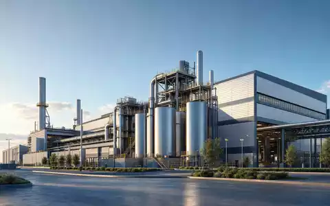 Architektur-Render zeigt SSAB AB, ISIN SE0000108656, moderne Stahlwerksanlage mit sauberer futuristischer Industriearchitektur bei Tageslicht - Foto: THN