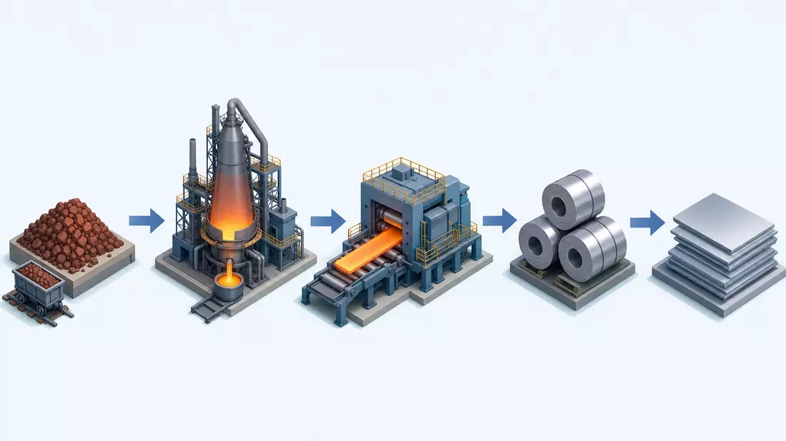 Isometrische 3D-Illustration der Stahl-Wertschöpfungskette von Rohstoff bis Produkt