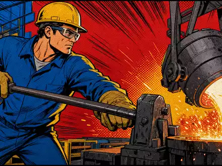 Pop-Art-Comic-Szene illustriert SSAB AB, ISIN SE0000108656, mit stilisierter, farbenfroher Stahlwerksarbeiter-Darstellung im dynamischen Comicstil - Foto: THN