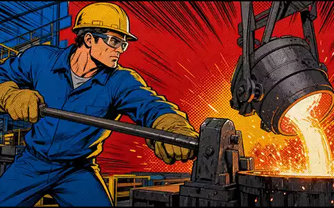 Pop-Art-Comic-Szene illustriert SSAB AB, ISIN SE0000108656, mit stilisierter, farbenfroher Stahlwerksarbeiter-Darstellung im dynamischen Comicstil - Foto: THN
