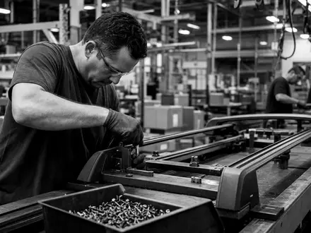 Schwarzweiß-Reportage zu Thule Group AB SE0007158910 dokumentiert Montage eines Dachträgers in industrieller Fertigung - Foto: THN