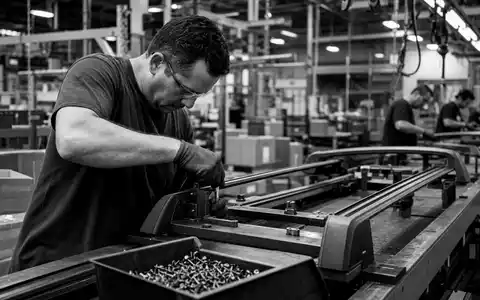 Schwarzweiß-Reportage zu Thule Group AB SE0007158910 dokumentiert Montage eines Dachträgers in industrieller Fertigung - Foto: THN