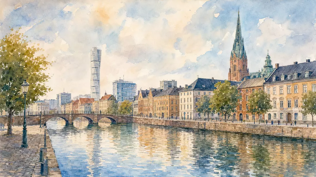 Aquarellansicht von Malmö mit Kanal und historischer Architektur