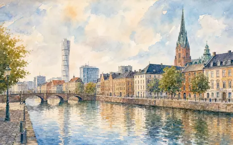 Aquarellmalerei der Stadt Malmö zeigt den Sitz von Thule Group AB SE0007158910 in Pastelltönen - Foto: THN