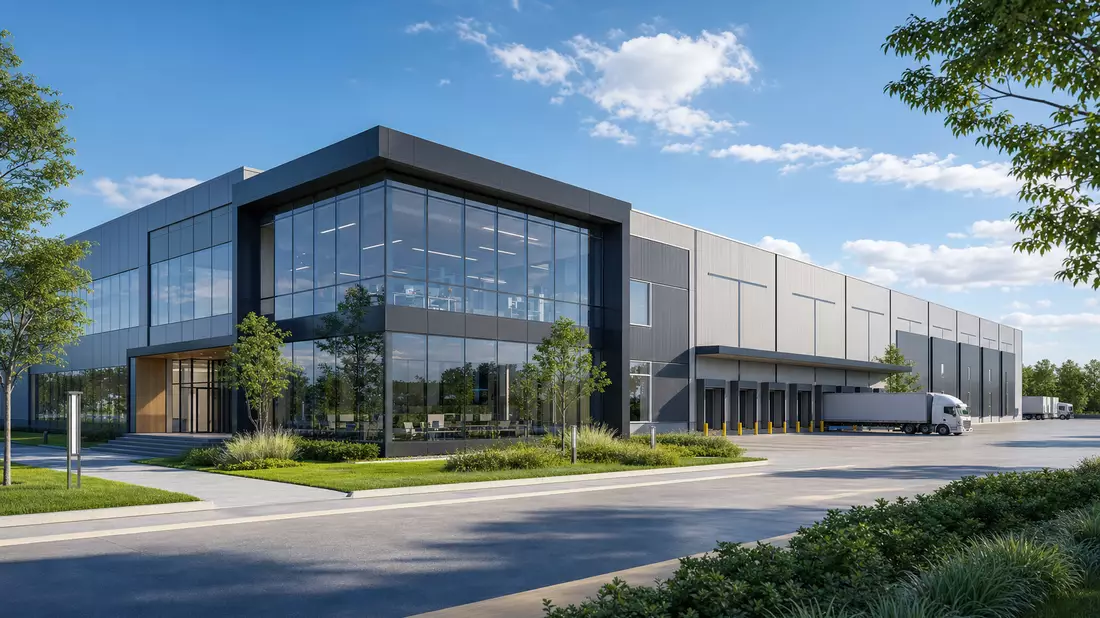 Architektur-Render einer modernen Produktions- und Logistikhalle