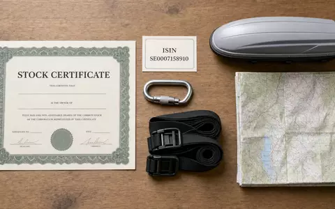 Flatlay mit Aktienzertifikat, Karte SE0007158910 und Outdoor-Zubehör symbolisiert die Marke Thule Group AB - Foto: THN