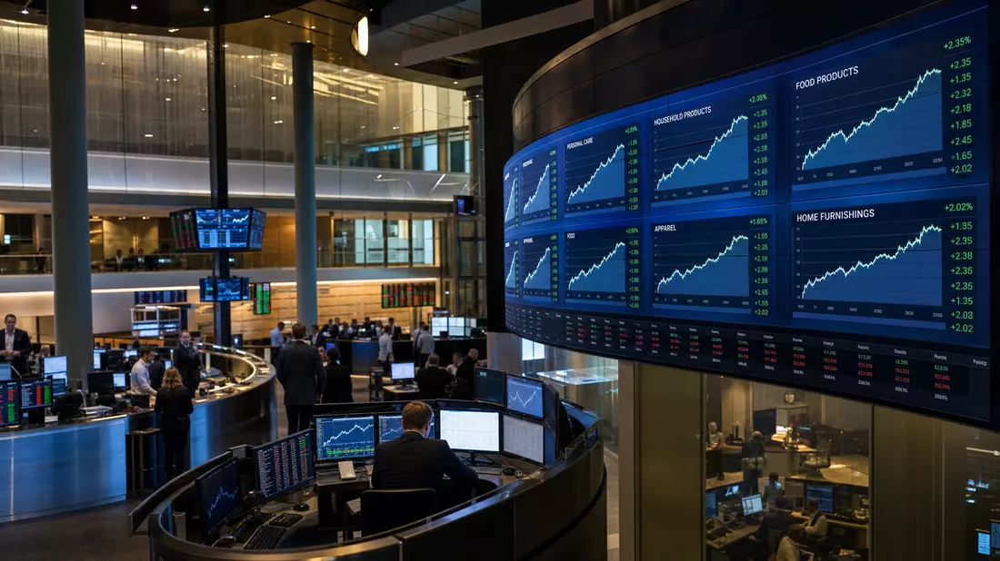 Trading-Floor der Börse mit Charts zu Konsumgüter-Sektor