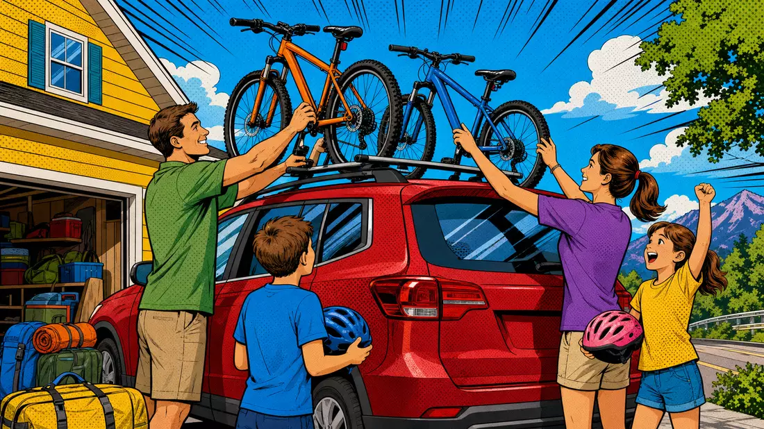 Pop-Art-Comic einer Familie beim Beladen des Fahrradträgers