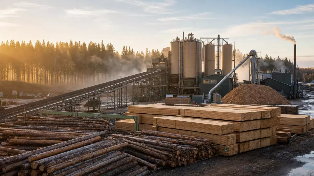Fotorealistische Ansicht eines Sägewerks mit gestapeltem Holz im schwedischen Wald bei Sonnenlicht