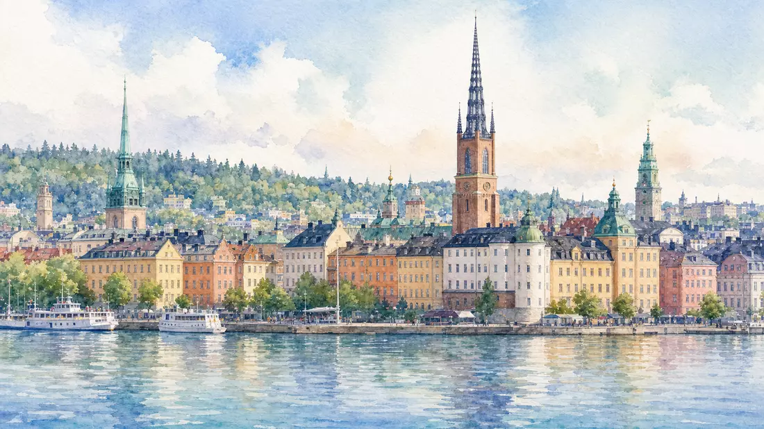 Aquarellillustration der Stockholmer Uferpromenade mit Wasser und nordischer Waldkulisse