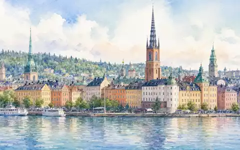 Aquarellmalerei zeigt Holmen AB (SE0000171100), Stockholm mit Wasser, Uferpromenade und weitläufiger schwedischer Waldlandschaft - Foto: THN