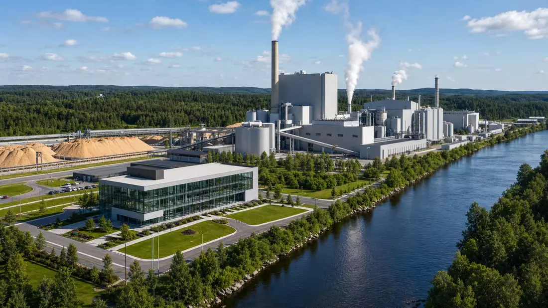 Architektonisches 3D-Render einer modernen Papierfabrik mit Dampfschloten am Wasser