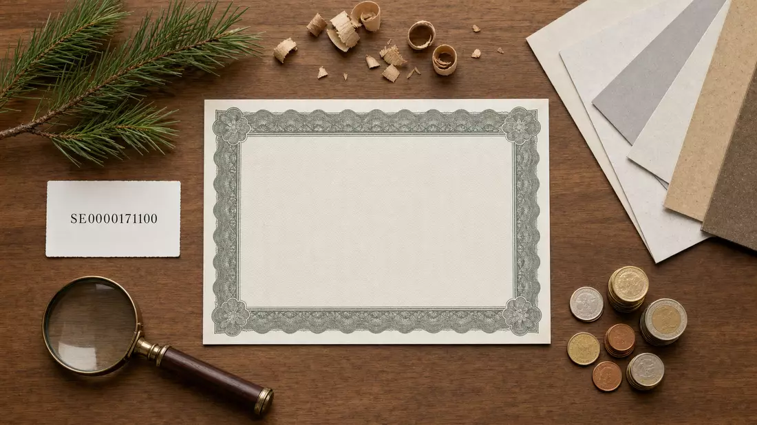 Flatlay mit Aktienzertifikat, ISIN-Karte, Holzspänen und Papiermustern von oben fotografiert
