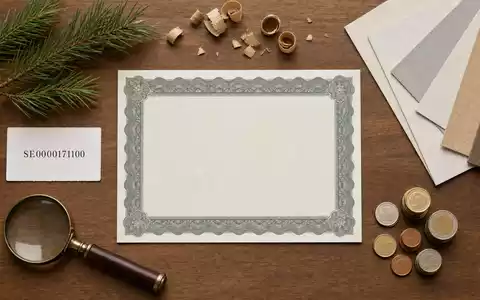 Flatlay-Arrangement präsentiert Holmen AB (SE0000171100) mit Aktienzertifikat, ISIN-Karte, Holzspänen und Papiermustern übersichtlich angeordnet - Foto: THN