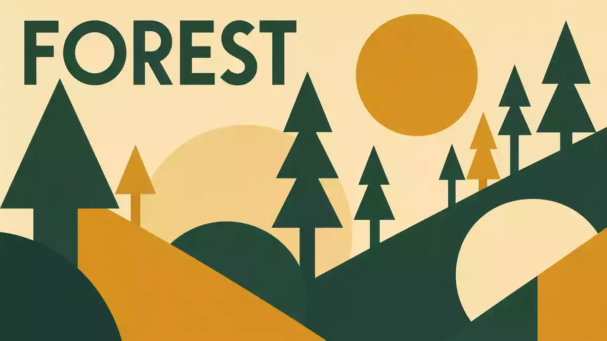 Geometrisches Bauhaus-Poster mit Baum- und Waldformen und dem Wort FOREST