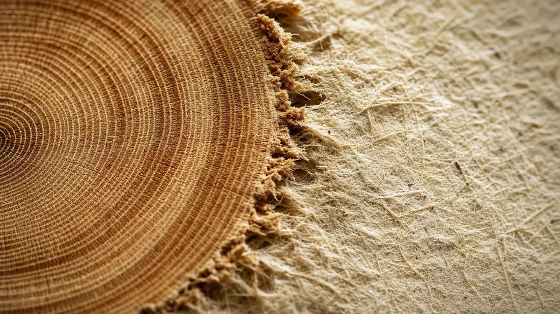 Makrofotografie von Holzmaserung und Papierfasern in extremer Nahaufnahme