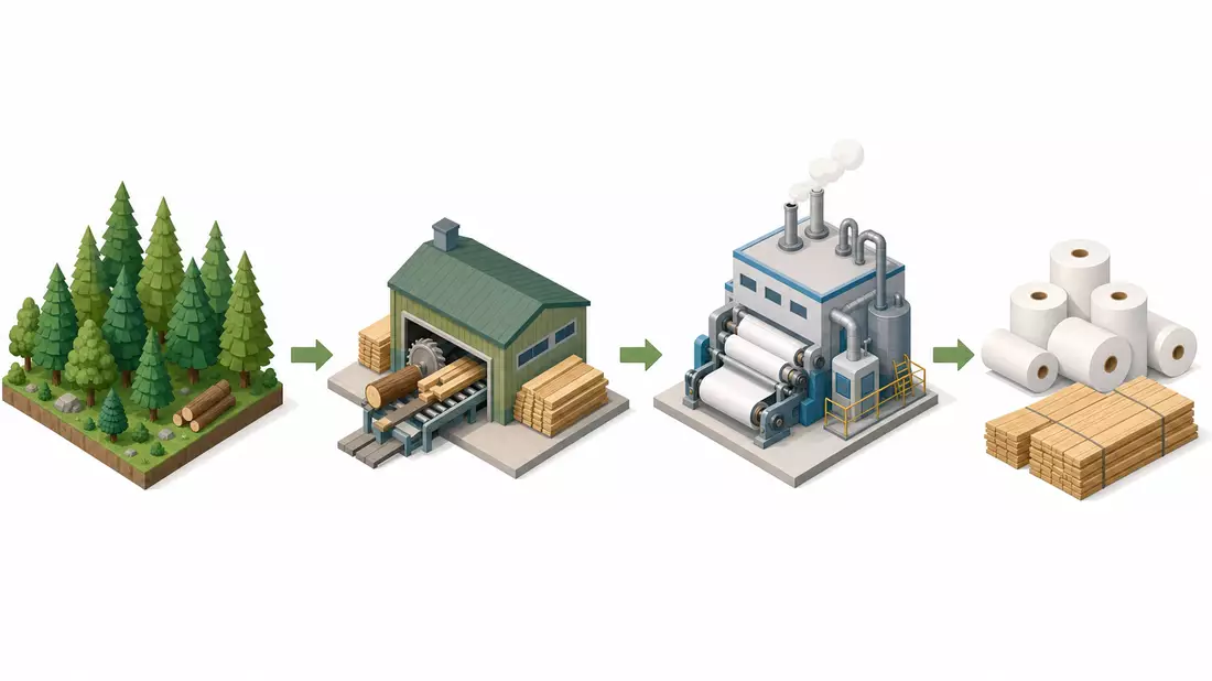 Isometrische 3D-Illustration der Produktionskette von Wald über Sägewerk bis Papierrolle