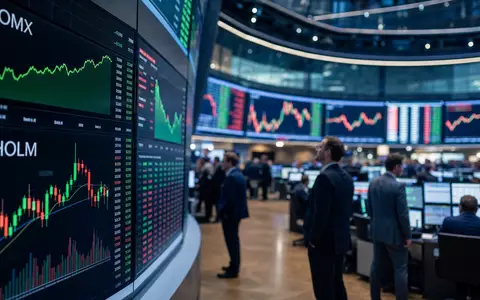 Börsen-Editorialbild zeigt Holmen AB (SE0000171100), Handelssaal der Stockholmer Börse mit sektorspezifischen Kursdiagrammen und Charts - Foto: THN