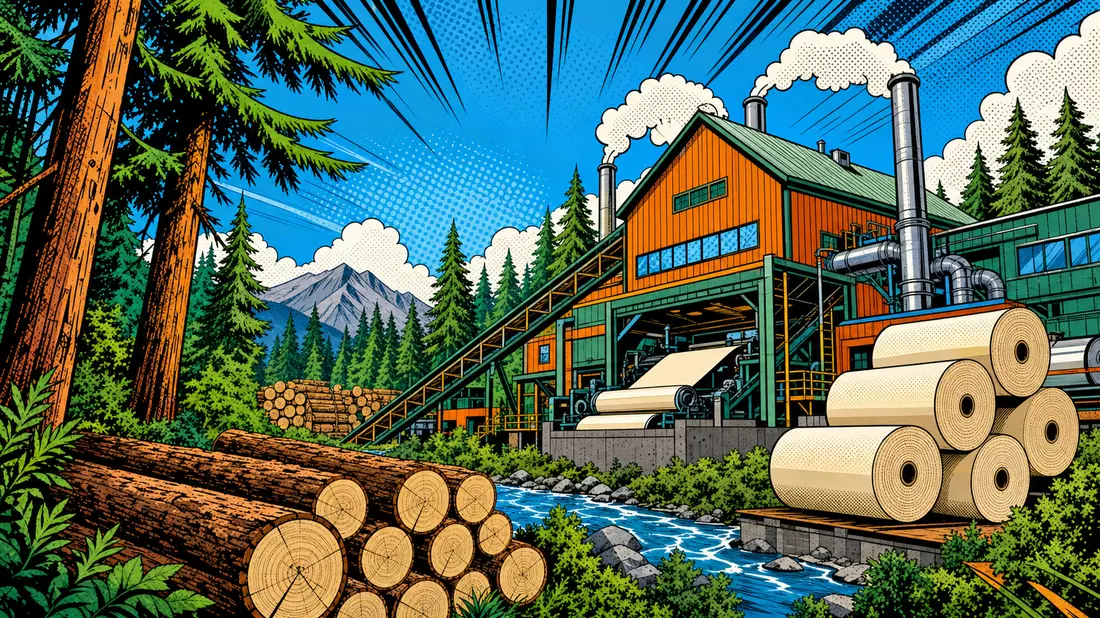 Bunte Pop-Art-Comic-Szene mit stilisiertem Wald, Sägewerk und Papierrollen