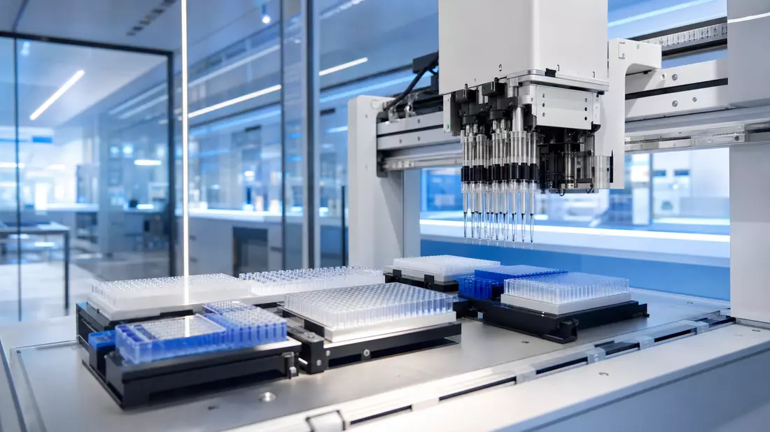 Fotorealistisches Laborautomationsgerät mit Pipettierarm über Mikroplatten in modernem Labor