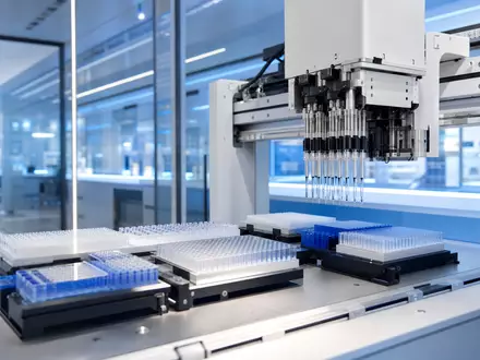Tecan Group AG (CH0012100191) zeigt Laborautomation: automatisierter Pipettierroboter verarbeitet Mikroplatten in modernem Forschungslabor präzise - Foto: THN