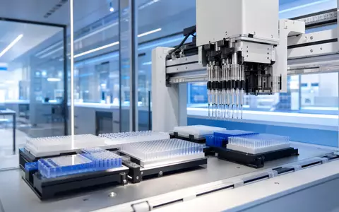 Tecan Group AG (CH0012100191) zeigt Laborautomation: automatisierter Pipettierroboter verarbeitet Mikroplatten in modernem Forschungslabor präzise - Foto: THN