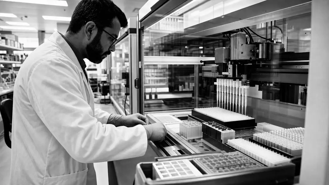 Schwarzweiß-Reportagefoto eines Wissenschaftlers an einem Laborautomationsgerät