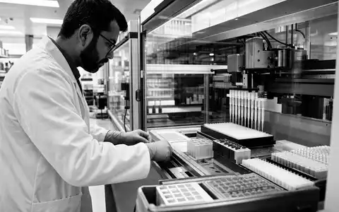 Tecan Group AG (CH0012100191) dokumentiert Laborautomation: Wissenschaftler bedient Pipettierroboter in dokumentarischer Schwarzweiß-Reportage authentisch - Foto: THN