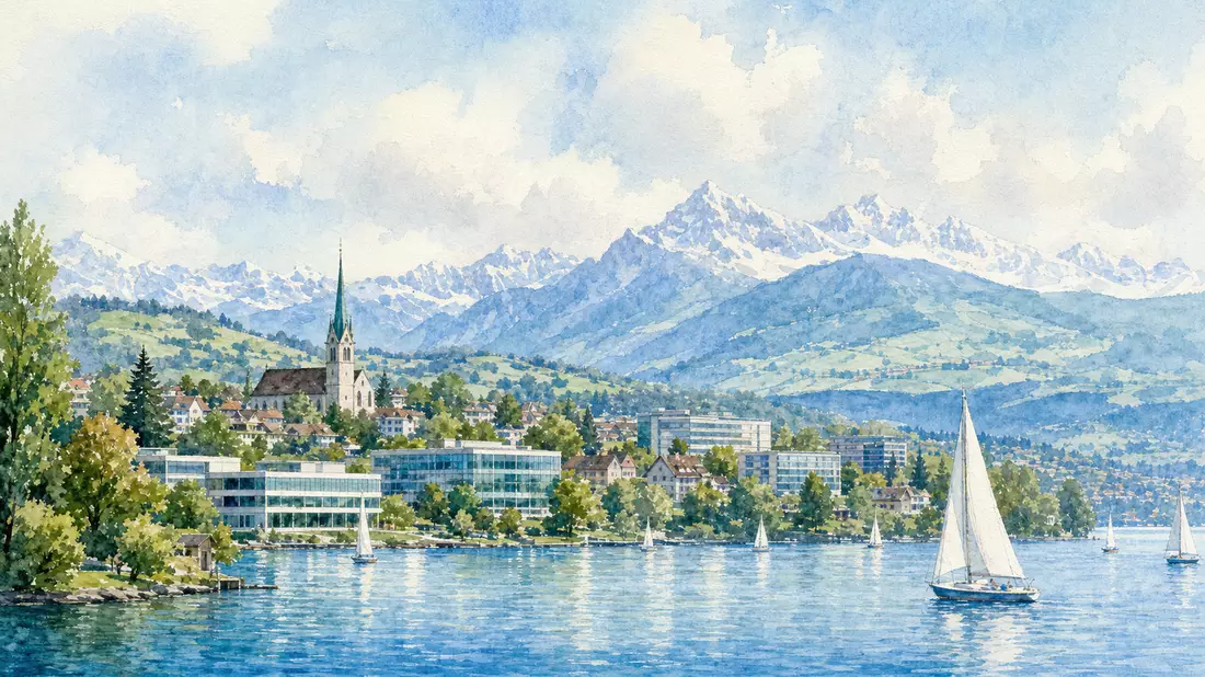 Aquarellmalerei eines Schweizer Seeortes mit modernen Forschungsgebäuden und Alpenpanorama
