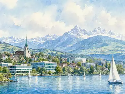 Tecan Group AG (CH0012100191) mit Sitz in der Schweiz: Aquarellansicht eines Seeortes zeigt Forschungsgebäude - Foto: THN