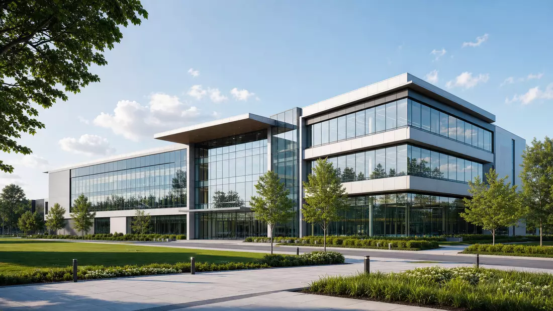 Architektur-Render eines modernen Forschungs- und Entwicklungsgebäudes mit Glasfassade