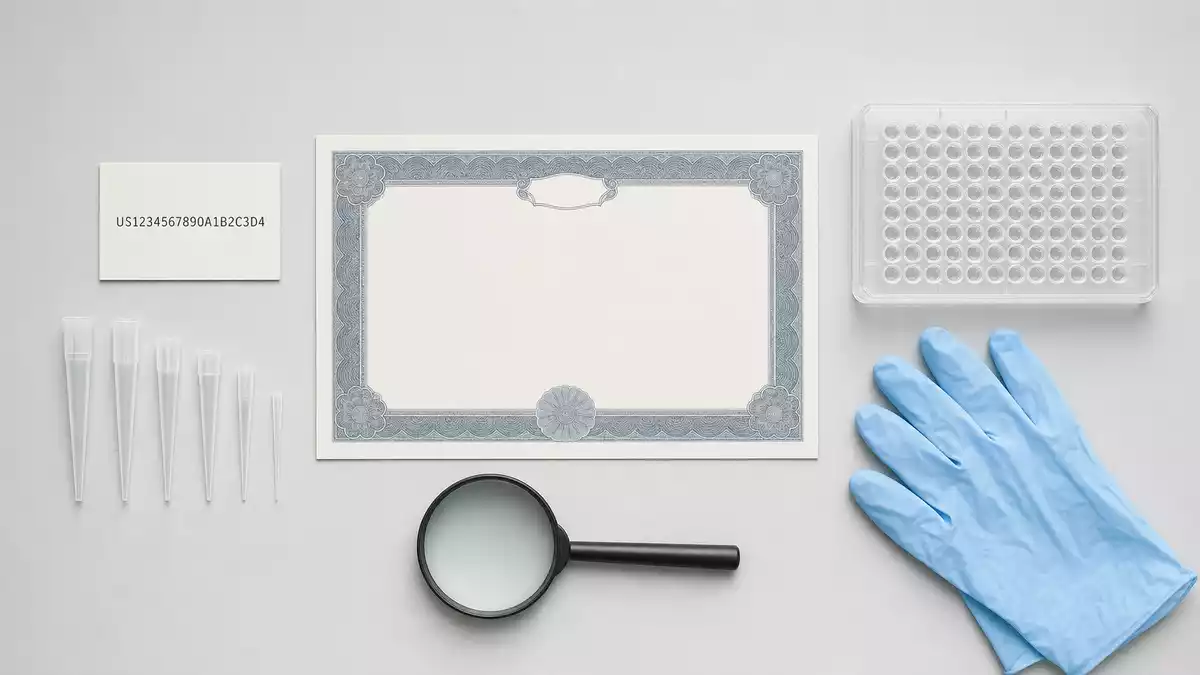 Flatlay mit Aktienzertifikat, ISIN-Karte, Pipettenspitzen und Mikroplatte auf grauem Untergrund